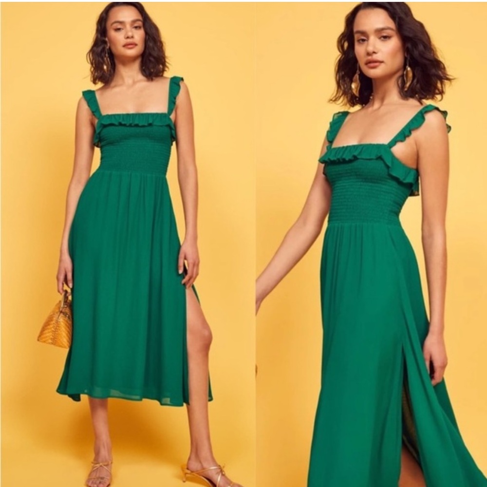 Reformation Siesta Midi Dress Green Size XS Smocked Ruffles